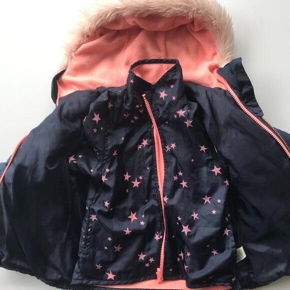 OSKKOSH Girl puffer & detachable inner reversible jacket, navy, pink Girls 4-5 - Picture 1 of 16